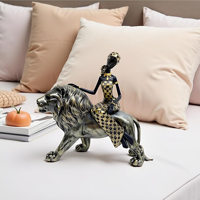 African Lion Tribal Lady Sculpture, African Design Figurines with Tribal Totem,Desk Room Home Decor, Animal and Women Decor Art Sculptures