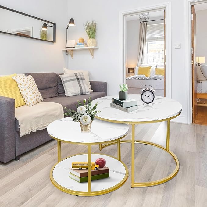AT-VALY Coffee Table Set of 2 Nesting Tables,Round Side Table for Living Room, Small Accent Table with Storage (Gold)