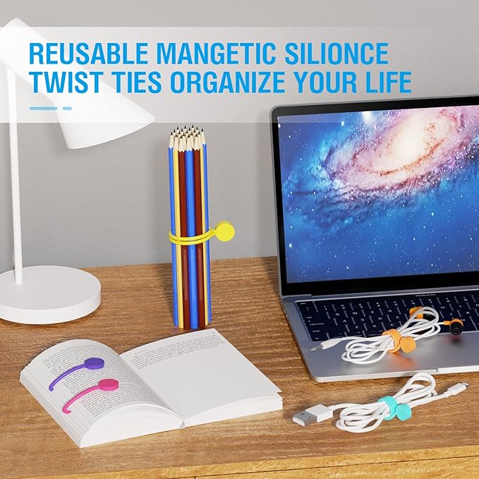 Magnetic Cable Ties Silicone 9 Inch Reusable Magnetic Twist Ties for Cord Cable Organizer and Bundling, Can Be Use in Home Office School Outdoor (6 Colors-12 Pack)