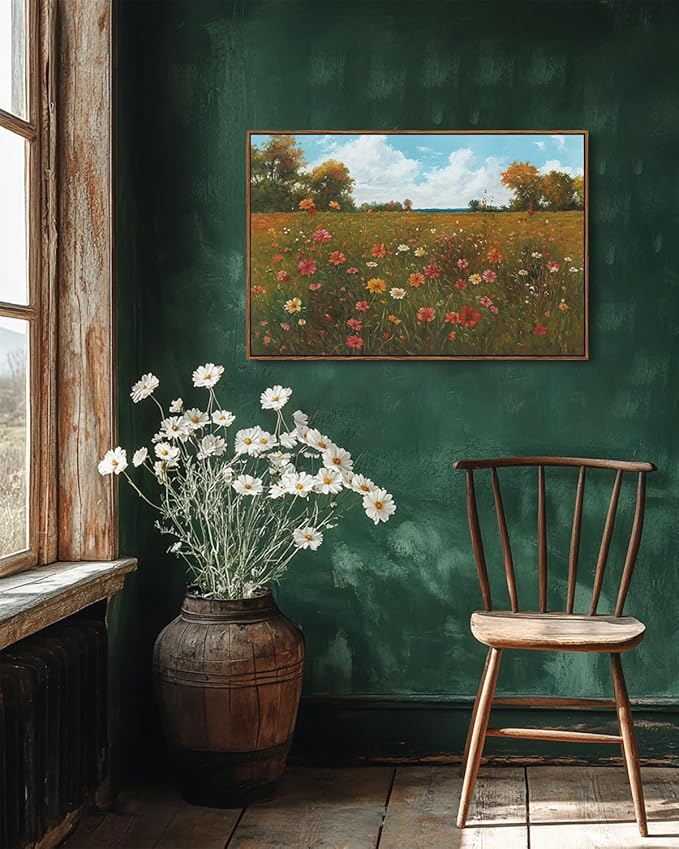 KISSFOX Vintage Landscape Framed Wall Art Autumn Farmhouse Wildflower Field Canvas Art Natural Fall Countryside Paintings Artwork Rustic Art Prints For Bedroom Bathroom Living Room