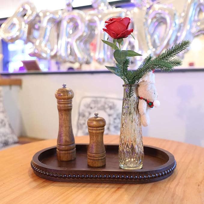 Oval Wood Decorative Tray with Wooden Beads, Vintage Serving Platter Tray for Ottoman, Coffee Table, Entertaining, Kitchen Counter Organizer, Home Decor (Retro Brown)