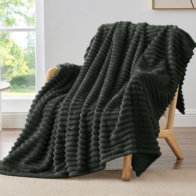BEDELITE Fleece Throw Blanket for Couch - 300GSM Soft & Warm Fluffy Charcoal Grey Blanket, Decorative and Giftable Striped Blankets for Women, Men, 50"x60"