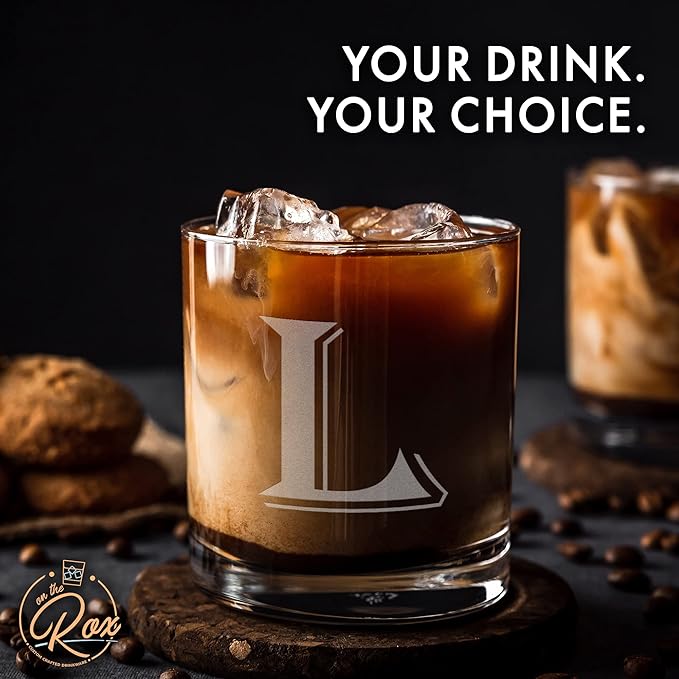(L-Monogram)- 4 Piece Set of 11 Ounce Engraved Heavy Base Rocks Glasses Elegant Glass-Multi-Purpose Beverage-Rocks Glass- Gift for any Occasion- By: On The Rox