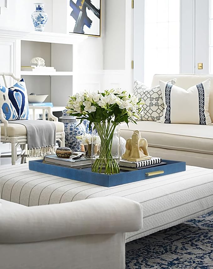 HofferRuffer Extra Large Square Serving Tray, Elegant Faux Leather Ottoman Tray with Gold Hardware Handles, Serve Tea, Coffee or Breakfast in Bed, 24 x 24 inches (Navy Blue Shagreen)