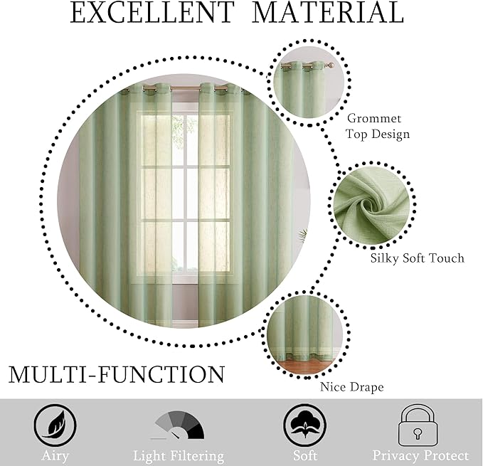 Green Linen Sheer Window Curtain Panel Pairs 108 Inches Extra Long for Living Room with Grommets/Eyelets Rustic Window Treament Drape Set Bedroom Farmhouse- 2 Panels, Sage/Green, 54x108 Inch