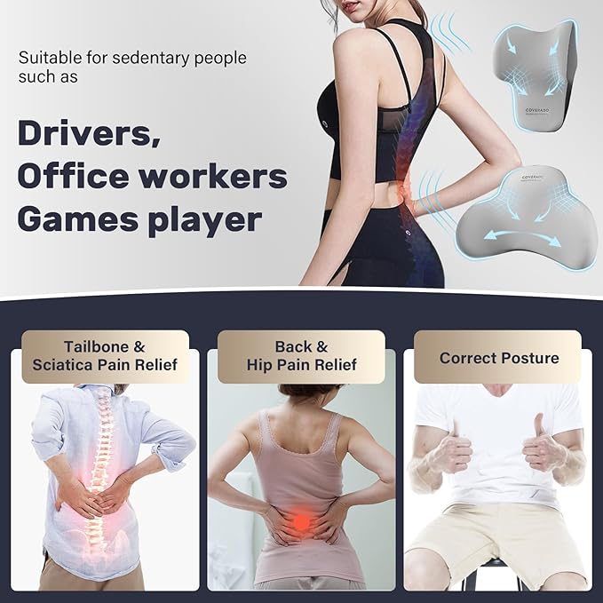 Coverado Lumbar Support and Headrest Pillow for Car, Memory Foam Ergonomic Head Neck Support Pillow for Driving Seat, Back Support and Pain Relief, Seat Cushion for Car, Driver, Office