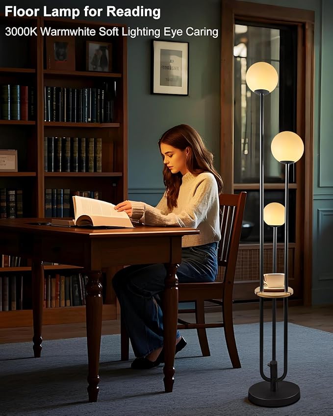 Lightdot Full Dimmable Floor Lamp for Living Room 3-Globe Standing Lamp with Table Candle Holder Style Black Tall Lamps for Bedroom Office Cafe with 3000K Soft Warmwhite Bulbs Included