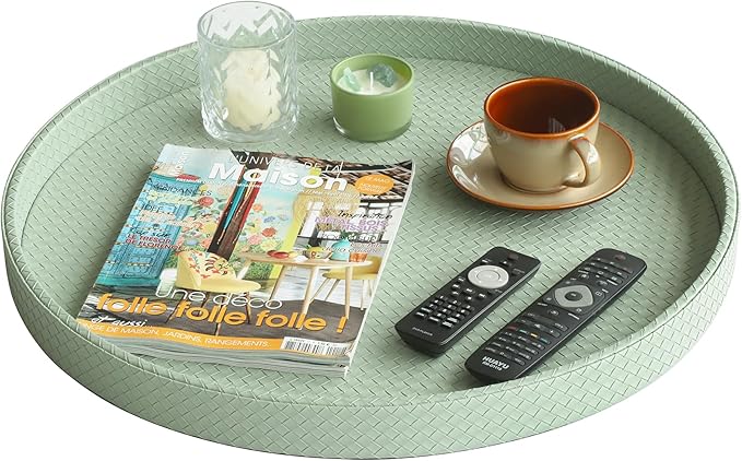 HofferRuffer Large Round Serving Tray 24'', Elegant Faux Leather Circle Ottoman Table Tray, Serve Tea Coffee Breakfast in Bedroom Living Room Kitchen (Light Green)