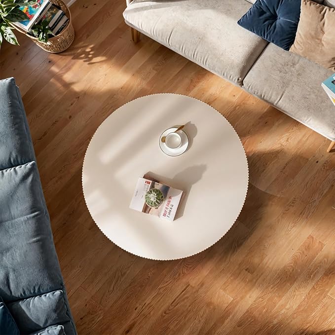Modern Wood Round Coffee Table - Handcraft Drum Coffee Tables with Sturdy Base, Easy Assembly, Contemporary Style Small Coffee Table Tea Table for Living Room, Bedroom, Office (White Thick)