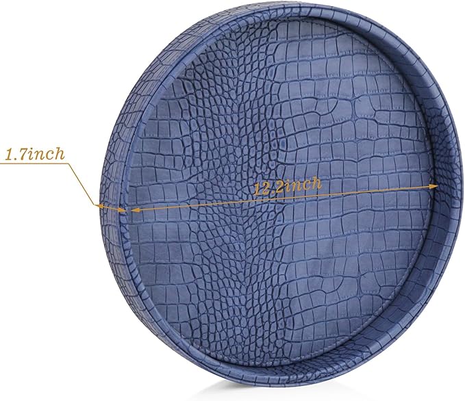 HofferRuffer Faux Leather Round Serving Tray, Vegan Croco Leather Decorative Tray, Food Tray for Storage Drinks, Snack & Cosmetics, Dia.12'' x 1.6'' (Blue)