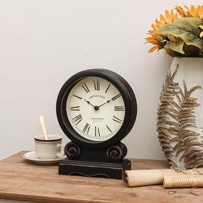 NIKKY HOME Mantel Clock, Retro Desk Clock Silent-Non-Ticking Battery Operated Wooden Mantel Clock for Living Room, Bedroom, Shelf Decoration, Fireplace, Farmhouse Decor