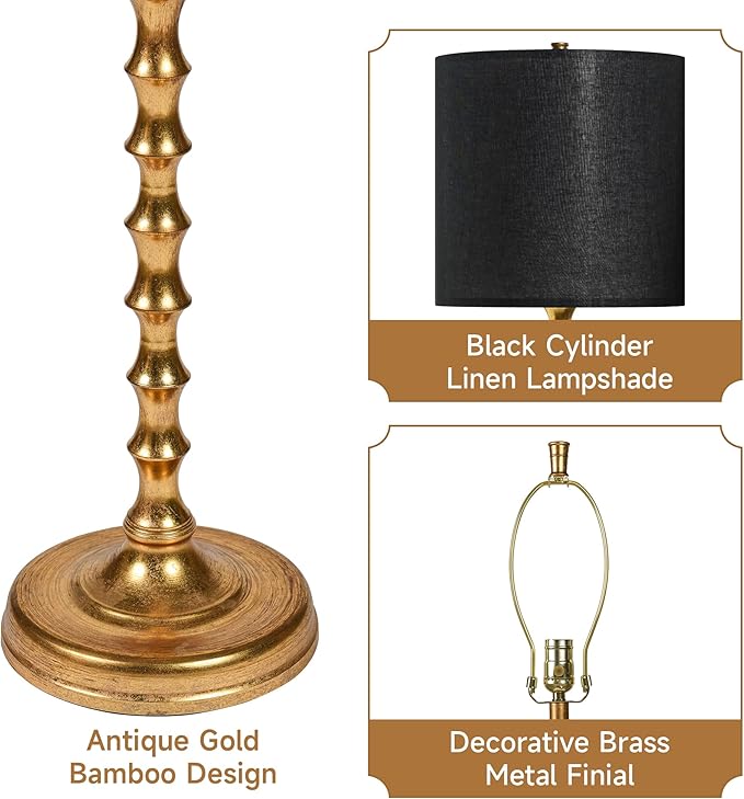 64.5" Gold Floor Lamp with Black Lampshade, Black Gold Floor Lamp for Living Room, Golden Bamboo Standing Lamps for Bedroom, Antique Brass Standing Lamps Tall Skinny for Home Office, Corner