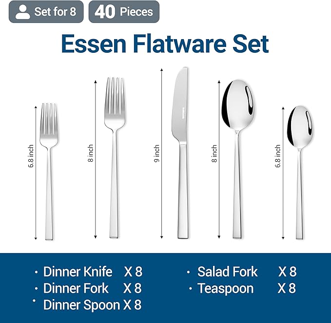 Essen Flatware Set for 8, 40-Piece Silverware Set, Premium 18/10 Stainless Steel Utensils with Mirror Finish, Modern Silverware for Daily Use, Hosting, or Housewarming Gifts