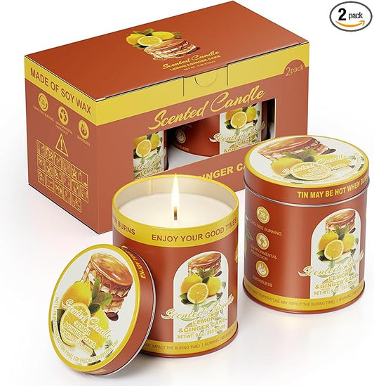 Lemon Ginger Cake Scented Candles Set | 2Pack 18OZ 8% Essential Oils 80H Burn Time | Clean Burning Smokeless for Aromatherapy Tin Jar Soy Wax Candle, Meditation, Yoga, Spa Gift Set for Men&Women
