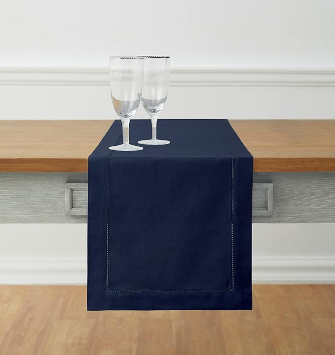 Solino Home Navy Blue Table Runner 60 Inches - Cotton Linen Hemstitch Coffee Table Runner 14 x 60 Inch Ideal for Dresser Tables - Fall, Autumn, Halloween, Thanksgiving, Christmas, Holiday