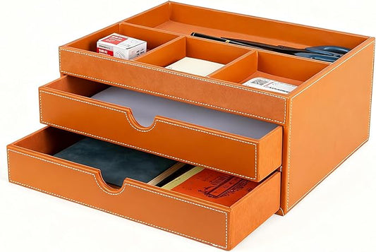 Household Multifunctional Desktop Storage Cabinet, Office file Cabinet Made of Leather, Drawers and Four Separate Organizers, Storage Box on the Bedside Table in the Room (brown)
