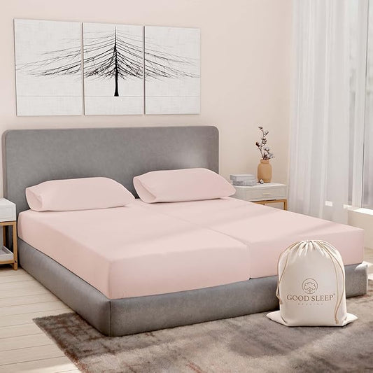 Split King Sheets Sets for Adjustable Bed Cotton, Luxury Sheets, 1000 TC Egyptian Cotton Sheets, 5 Piece 100% Cotton Split King Sheet Set, Sateen Sheets, 2 Fitted - 16" Deep Pocket, Blush