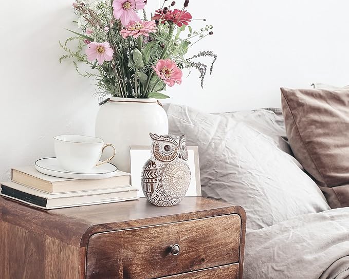 Adorable Owl Figurine for Shelf or Tray - Cute Chubby Owl Figurine Boho Decor for Shelf Desktop Cabinet Fireplace Mantel Bathroom Decor Accents (M)