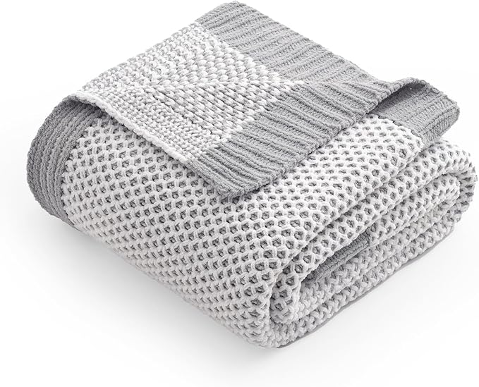 Amélie Home Honeycomb Knit Throw Blanket for Couch, Dual-Sided Soft Chenille Decorative Blankets for Sofa & Chair, 50"x60", Gray & White
