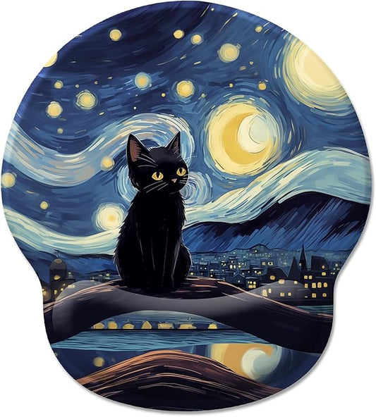 Black Cat Ergonomic Mouse Pad Wrist Support, Starry Night Gel Mouse Pads with Wrist Rest, Cute Computer Mousepad for Desk with Non-Slip PU Base, Comfortable Mouse Pad Office Desk Accessories