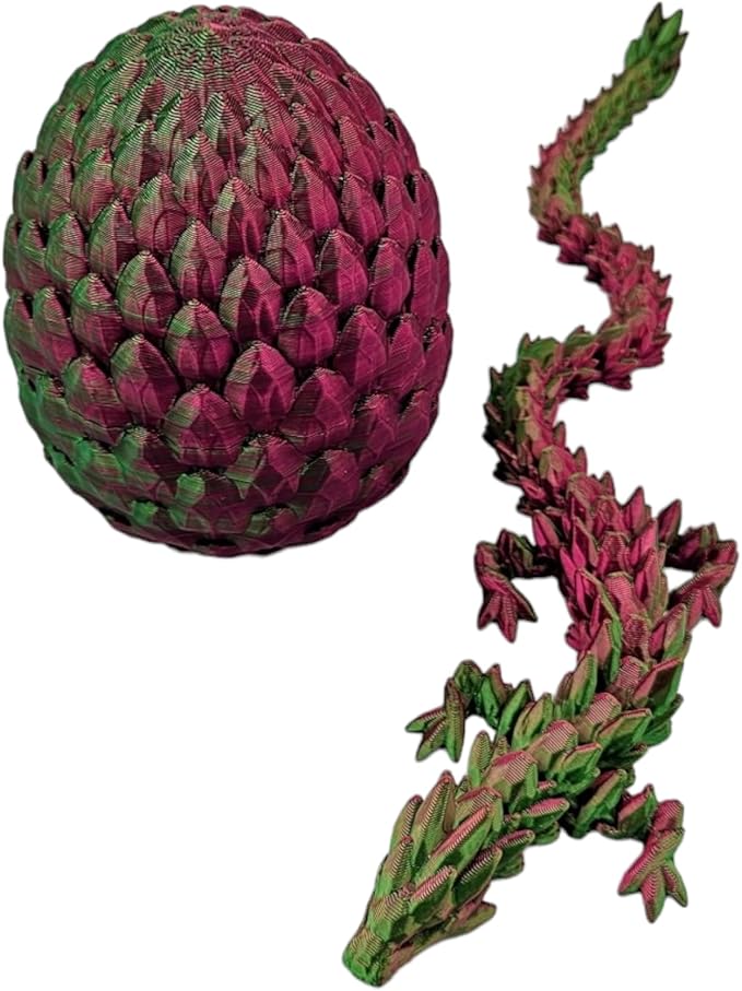 3D Printed Dragon Egg Articulating Gemstone Dragon Fidget Figurine - Vibrant Color Dragons Flexible ADHD, Autism and Anxiety Relief - Articulated Joints (Green/Red)