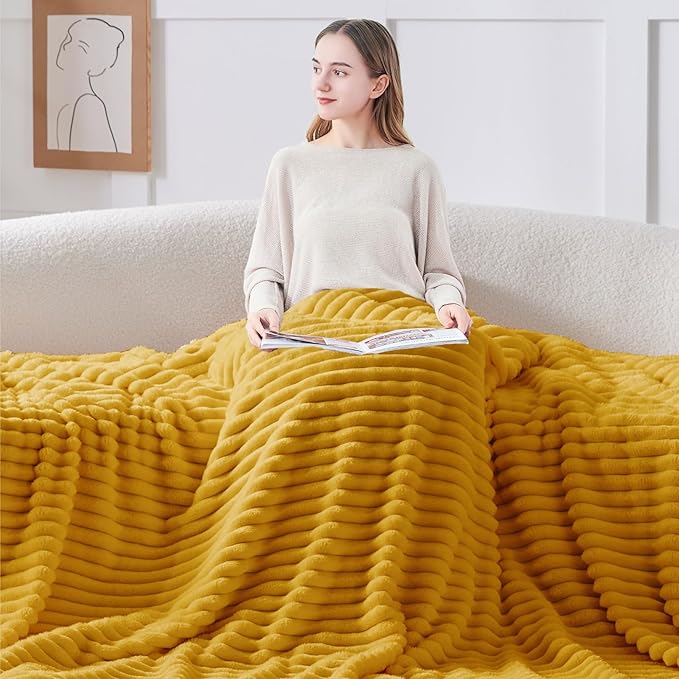 BEDELITE Fleece Throw Blanket for Couch - 300GSM Soft & Warm Fluffy Mustard Yellow Blanket, Decorative and Giftable Striped Blankets for Women, Men, 50"x60"