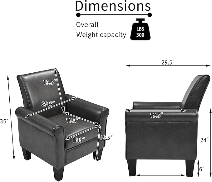 THSUPER Faux Leather Accent Chair Arm Chair, Modern Club Chair, Comfy Single Sofa for Living Room - Grey