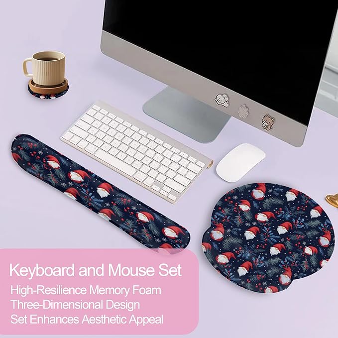 Christmas Santa Claus Berries Keyboard Wrist Rest Pad and Mouse Pad Wrist Support Set,3-in-1 Ergonomic Mouse Pad with Non-Slip Rubber Base for Home Office Game Computers Desk,