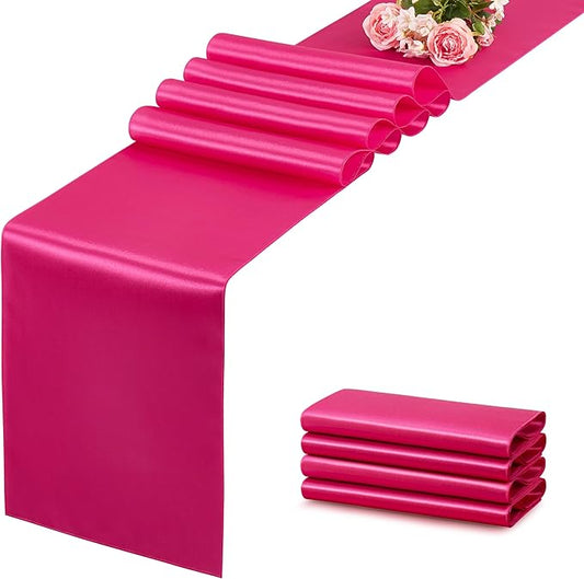 Hot Pink Table Runner 12x108 Inches Long, Satin Silk-Like Smooth Table Decor for Wedding Birthday Party, 4 Pack
