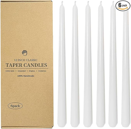 12 Inch Taper Candles 6 Pcs Unscented, Smokeless, Dripless Long Tapered Candlesticks Candles for Christmas Birthday Dinner Wedding Party Home Decor