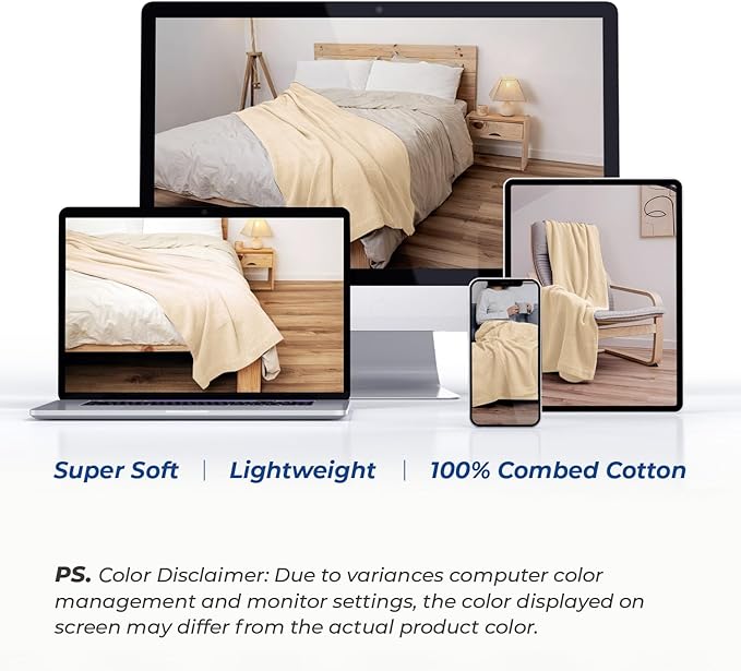 THREAD SPREAD Organic GOTS Certified Cotton Blanket, Twin/Twin XL - 350 GSM, Antistatic, Fuzzy Soft, Lightweight, Sofa, Camping & Travel, All-Season Herringbone Throw, Biege + Stylish Bonus Tote Bag