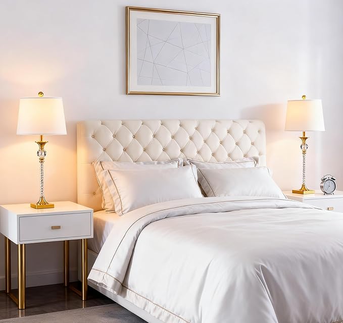 Maxax Crystal Buffet Table Lamps Set of 2, Modern 30” Tall Brass Gold Bedside Nightstand Lamp with White Shade for Living Room Bedroom End Table