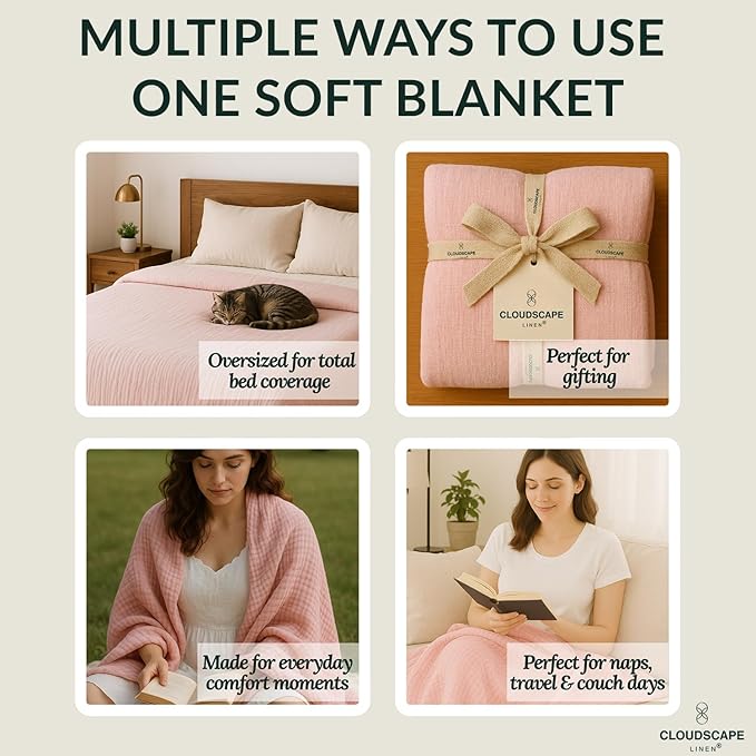 Cloud Scape Linen Extra Large 8-Layer Muslin Throw Blanket, 100% Cotton Gauze Blanket for Couch, Sofa, Bed, Lightweight, Suitable for All Season,50x70, Seashell Pink