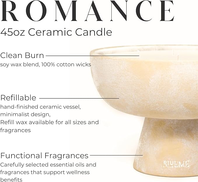 BLUEME Oakmoss & Sandalwood, Luxury Candle w/Essential Oils, 6 Wick, Hand-Poured Soy, Cotton Wick, Ceramic
