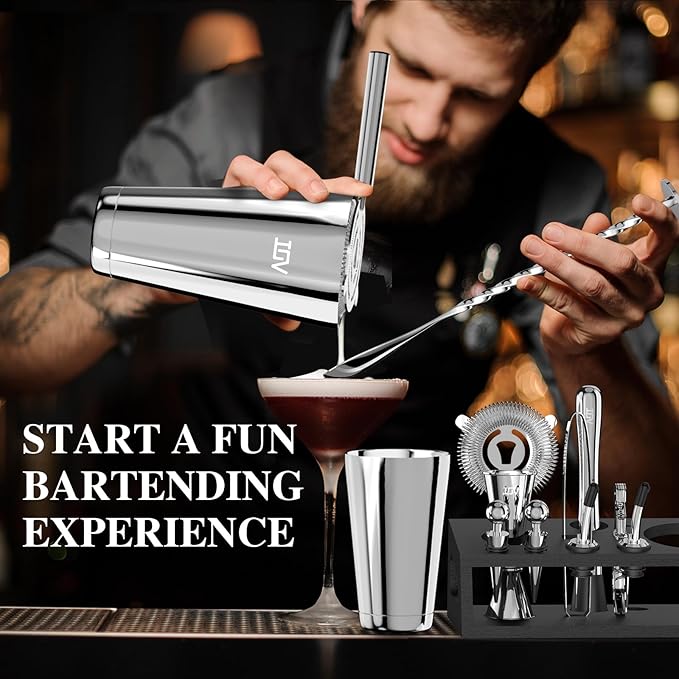 IOV Cocktail Shaker Set: 12-Piece Mixology Bartender Kit Bar Set | 18oz & 28oz Boston Shaker Drink Mixing Tools for Home with Recipe Booklet and Stand | Fun Housewarming Gift (Silver)