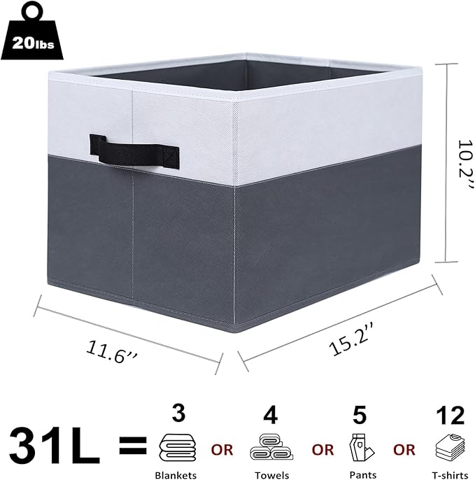 WUIKE Fabric Storage Bins, Extra Large Baskets for Organizing, Storage Bins for Shelves with Handles, Closet Organizer for Clothes, Gray & White, Extra Large, 3-Pack