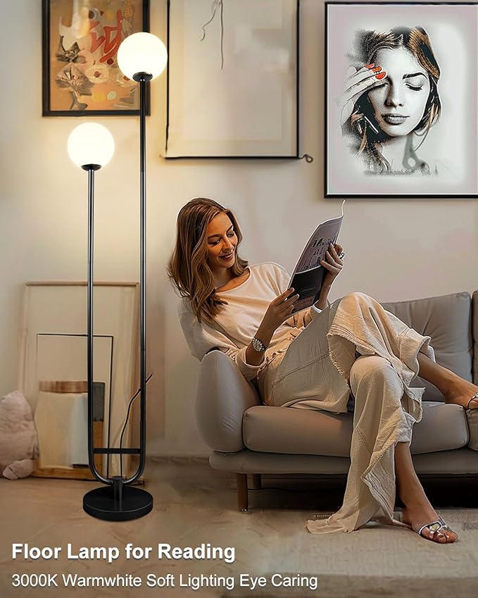 Lightdot 63IN Globe Floor Lamp with Black Candle Holder Style Modern Mid Century Standing Lamps with 2 Globe 3000K Warm Bulbs Included Unique Vintage Tall Floor Lamp for Lving Room