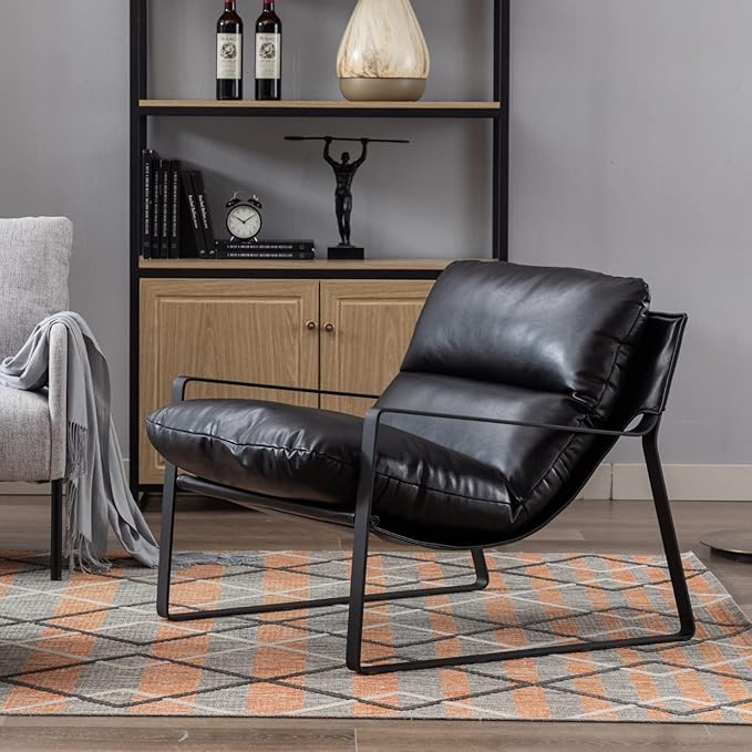 HEAH-YO Modern Accent Chairs Set of 2, PU Faux Leather Living Room Chairs with Removable Cushion and Solid Metal Frame, Comfy Reading Chairs for Bedroom, Black