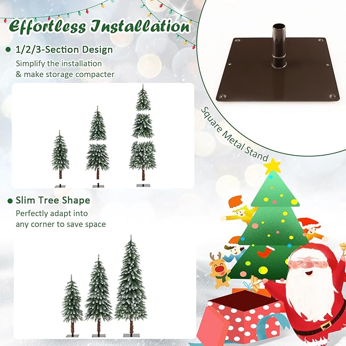 GOFLAME Set of 3 Prelit Christmas Tree, Pencil Artificial Christmas Tree 3Ft, 4Ft and 5Ft with Warm White LED Lights, Slim Christmas Trees with Snowy Leaves, Xmas Decoration Tree for Home Office Party