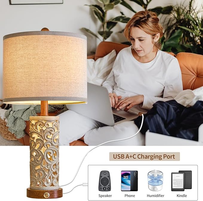 OYEARS 3-Way Dimmable 22'' USB A+C Touch Control Table Lamp with Nightlight for Living Room Bedroom Farmhouse Bedside Nightstand Lamps (Brown Bulb Included