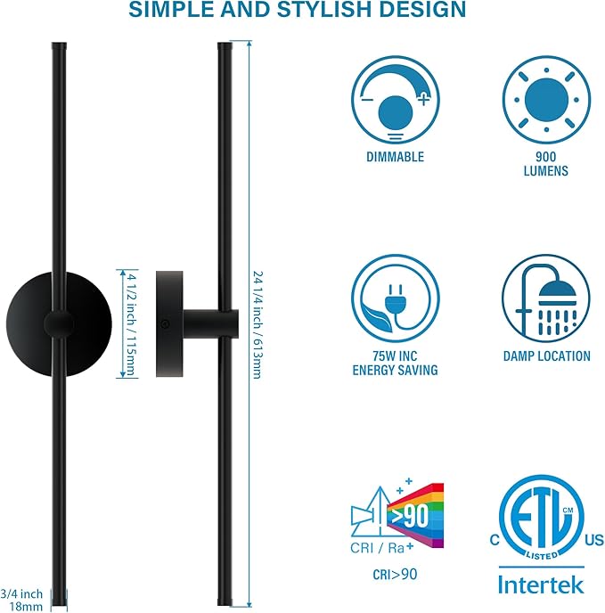 ZAGO 24 Inch LED Indoor Linear Wall Sconces Set of Two, 3CCT Switchable, Matte Black, Hardwired and Wall Mounted, Dimmable for Living Room, Hallway, Bedroom, 120-277V, 14W, 900LM, ETL Certified