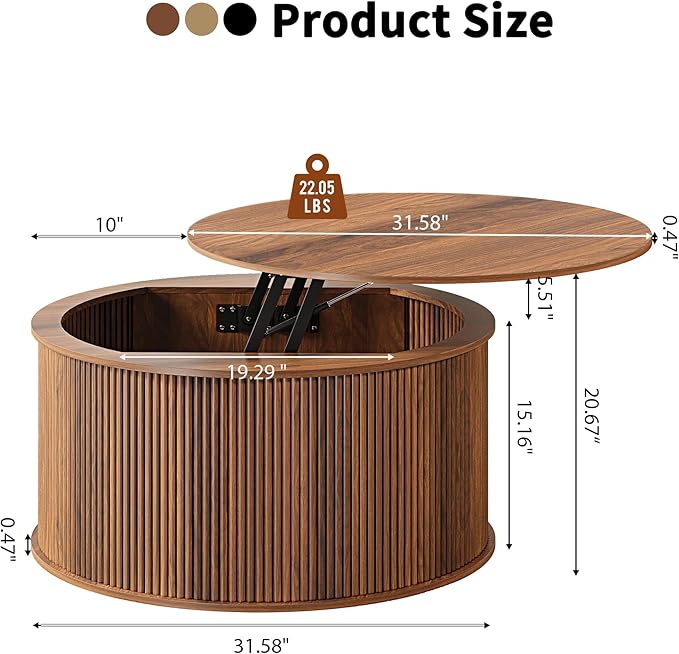 Lift Top Coffee Table, Fluted Round Coffee Table with Storage, Farmhouse Center Dining Table Circle Table for Living Room, Apartment, Home Office (Walnut)