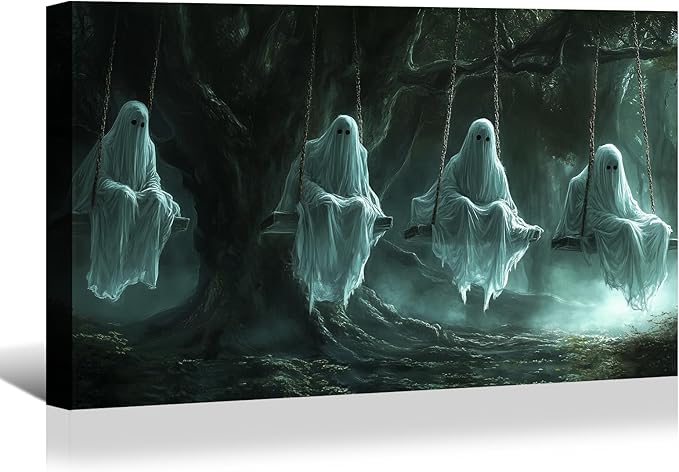 BANHUA1 Vintage Halloween Canvas Wall Art, Funny Ghosts Swing in Forest Print, Gothic Dark Academia Wall Decor, Creepy Spooky Abandoned Art Halloween Pictures, 40 x 28 Inch