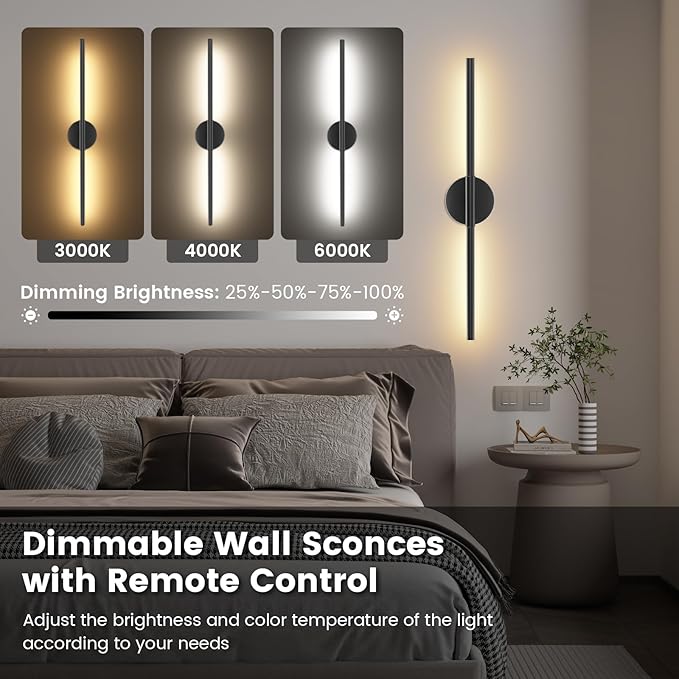 Battery Operated Wall Sconces Set of 2, 360°Rotation Wireless Rechargeable Wall Lights: Dimmable Detachable Wall Lamp with Remote Control, 3000K-6000K Infinite Dimming Wall Sconce 27.6 Inch