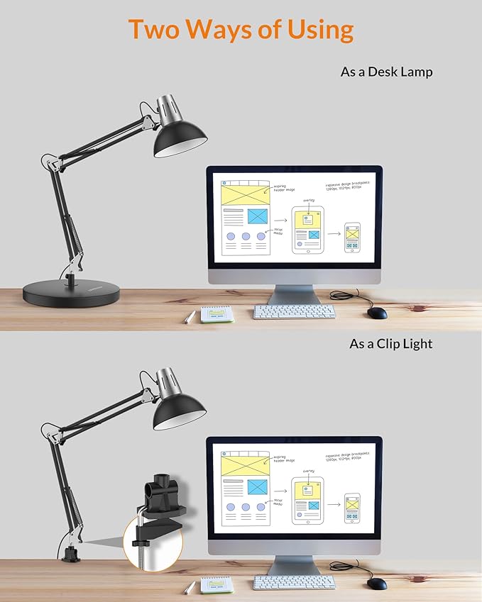 LEPOWER Metal Desk Lamp, Adjustable Goose Neck Architect Table Lamp with On/Off Switch, Swing Arm Desk Lamp with Clamp, Eye-Caring Reading Lamp for Bedroom, Study Room &Office (Black)