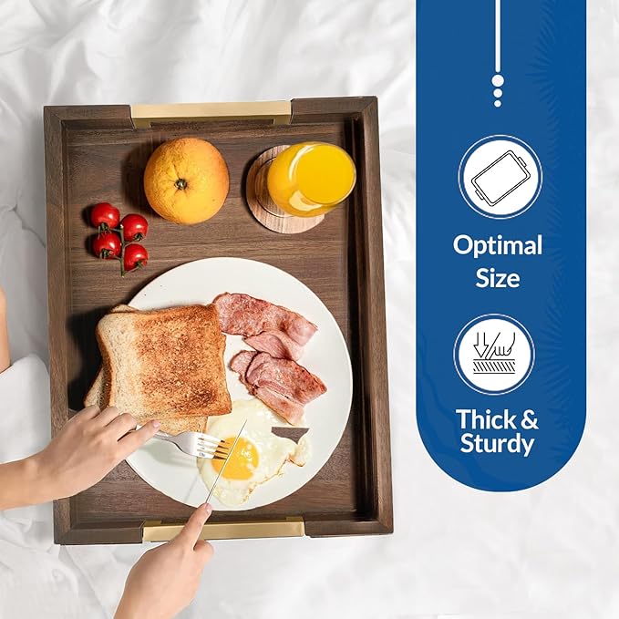 Large Wooden Ottoman Tray with Golden Handles for Serving Food, Decorative Serving Platter for Breakfast, Dinner & Bar, 17.5x11.8in Rustic Storage Tray for Kitchen, Bedroom & Gift Packaging