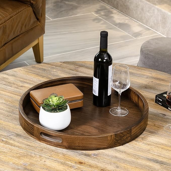20 x 20 inches Large Round Ottoman Table Tray Wooden Solid Black Walnut Circle Platter Decorative Serving Tray with Handle for Oversized Ottoman Home Breakfast in Bed Tea Coffee