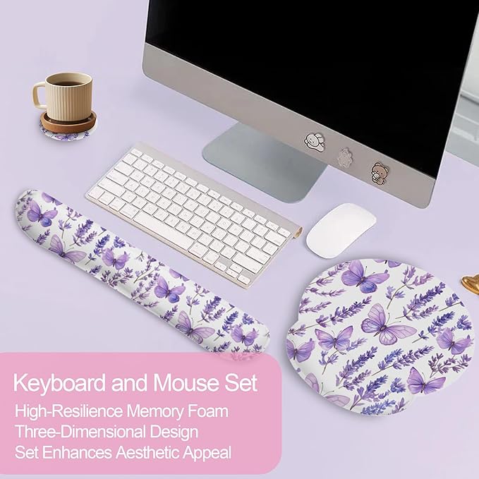 Lavender Butterfly Mouse Pad with Wrist Rest and Keyboard Wrist Rest Set, Non-Slip Rubber Base Memory Foam Mouse Pad Set for Women, Office Desk Accessories, Gaming