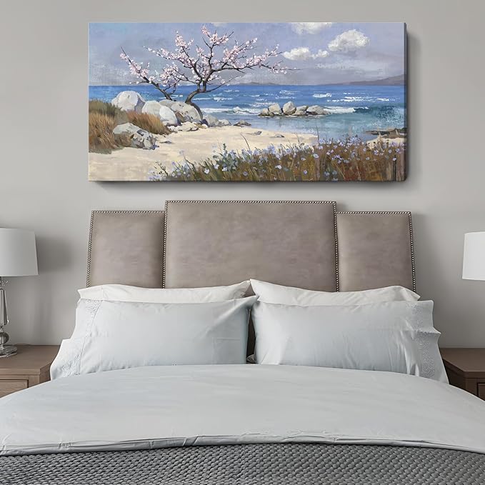 amatop Extra Large Coastal Canvas Wall Art for Living Room Abstract Blue Ocean Beach Seascape Picture Pink Flower Tree of Life Print Wildflower Botanical Nature Artwork Bedroom Office Decor 58x29 In