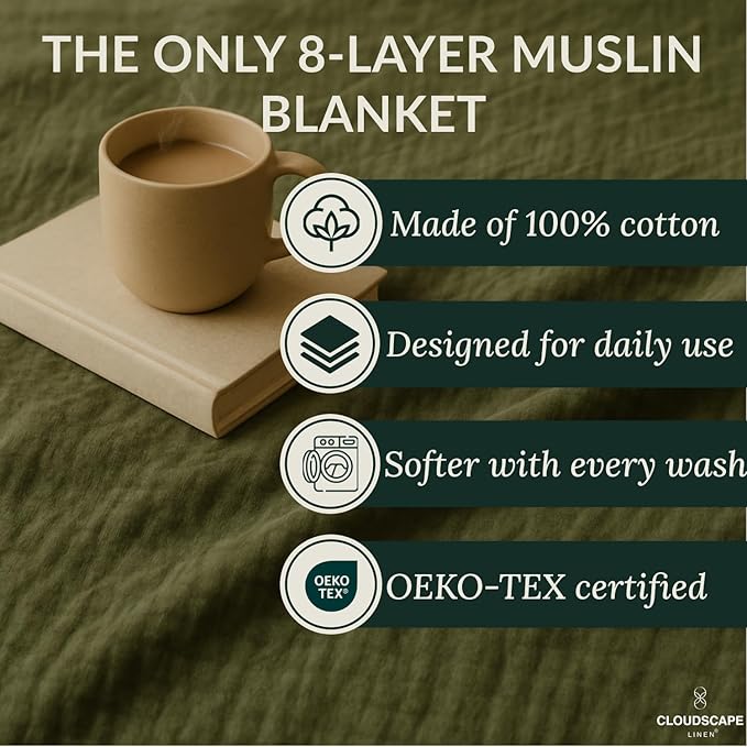 Cloud Scape Linen Extra Large 8-Layer Muslin Throw Blanket, 100% Cotton Gauze Blanket for Couch, Sofa, Bed, Lightweight, Suitable for All Season,50x70, Olive Green